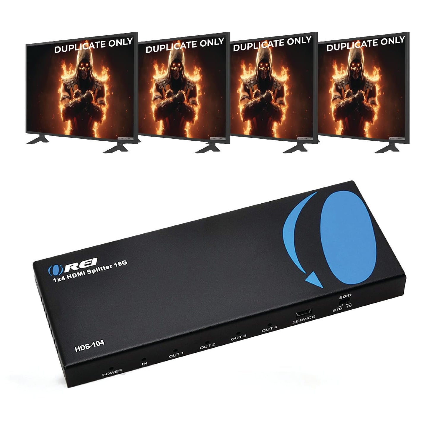 Orei HDS-104 1x4 Powered Splitter up to Full HD 1080P & 3D Support with EDID Control - 1 Source onto 4 Displays