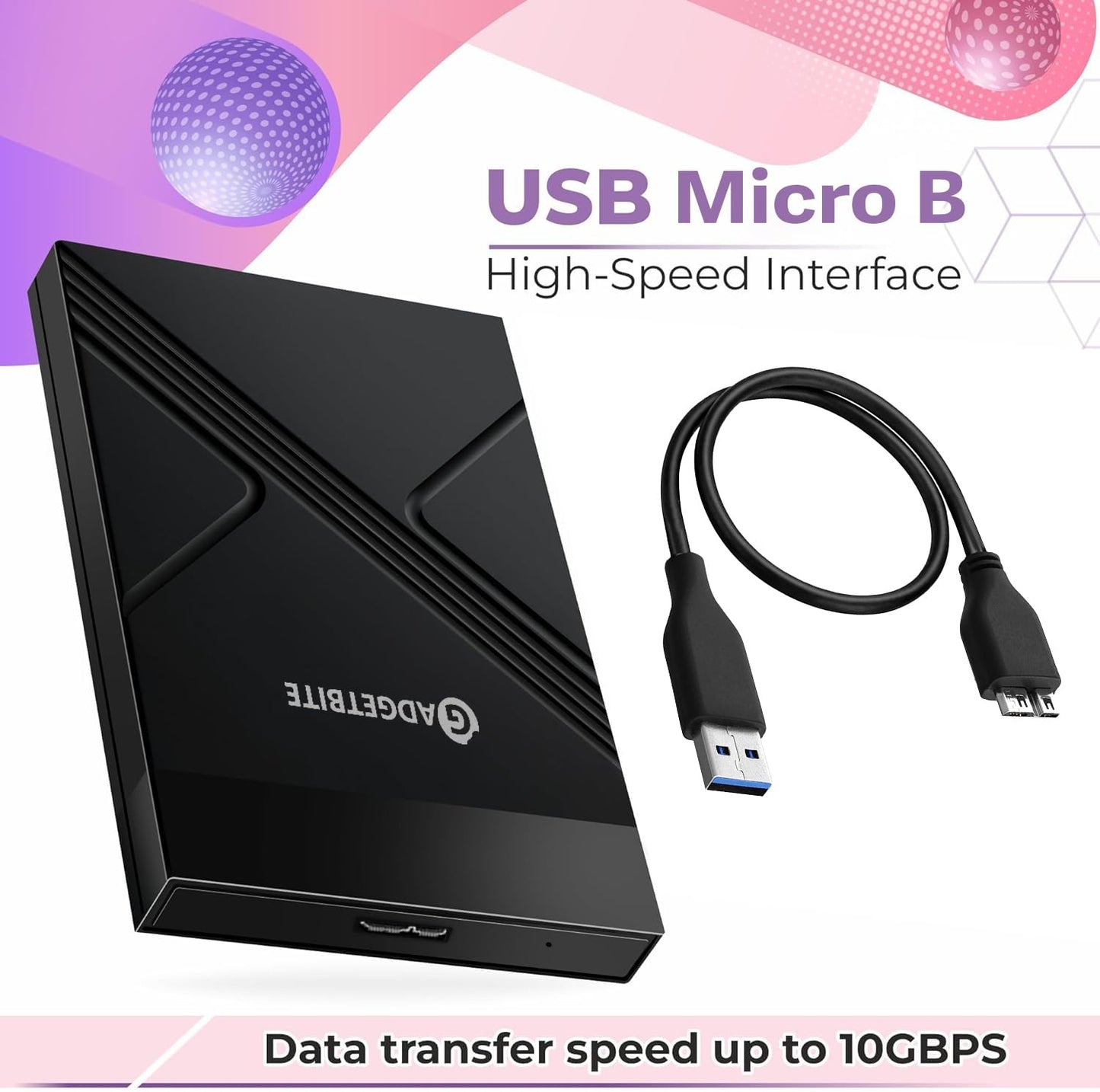 Gadgetbite SSD Enclosure Case, Tool-Free External Hard Disk Case with Fast Transfer Speed Up to 5 Gbps & Up to 4TB Storage Capacity with 2.5 SATA SSD / HDD (Black, USB to SATA 3.0)