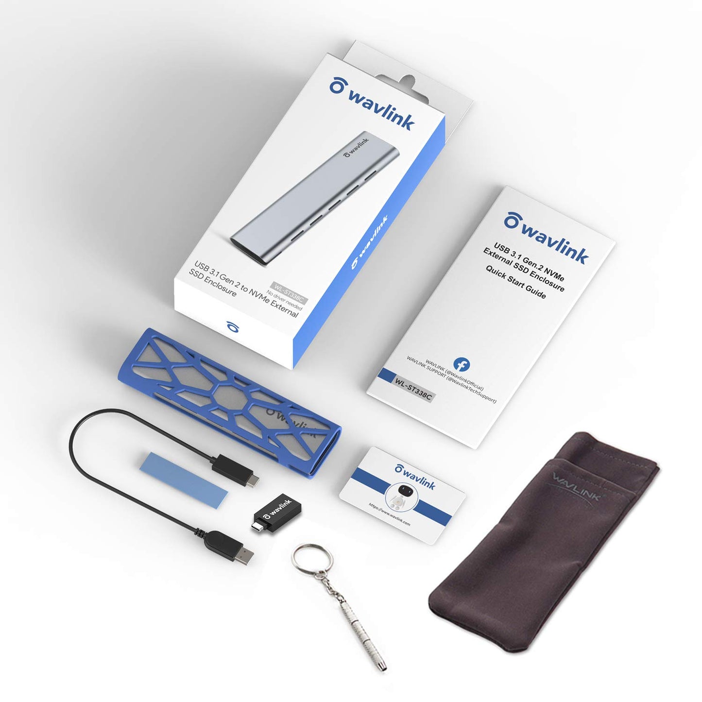 WAVLINK M.2 NVMe SSD Enclosure, USB 3.1 Gen 2 (10 Gbps) to NVMe PCI-E M.2 SSD Aluminum External Case Support UASP for NVMe SSD Size 2230/2242/2260/2280 (up to 2TB) with Type-C OTG Converter