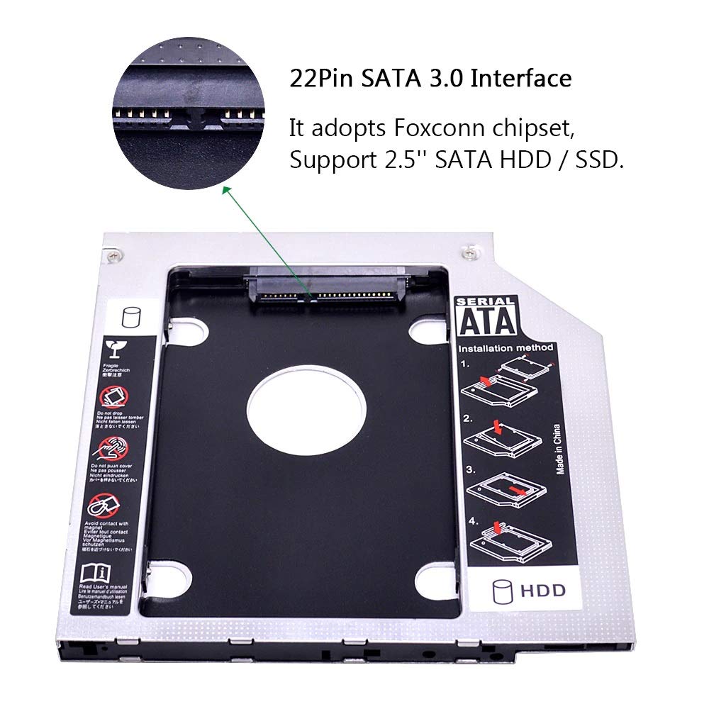 Tobo SATA Bay 2nd Hard Disk Drive Caddy for 9.5mm CD/DVD Drive Slot(Add Second HDD/SSD to Your Laptop) TD-398HS-001