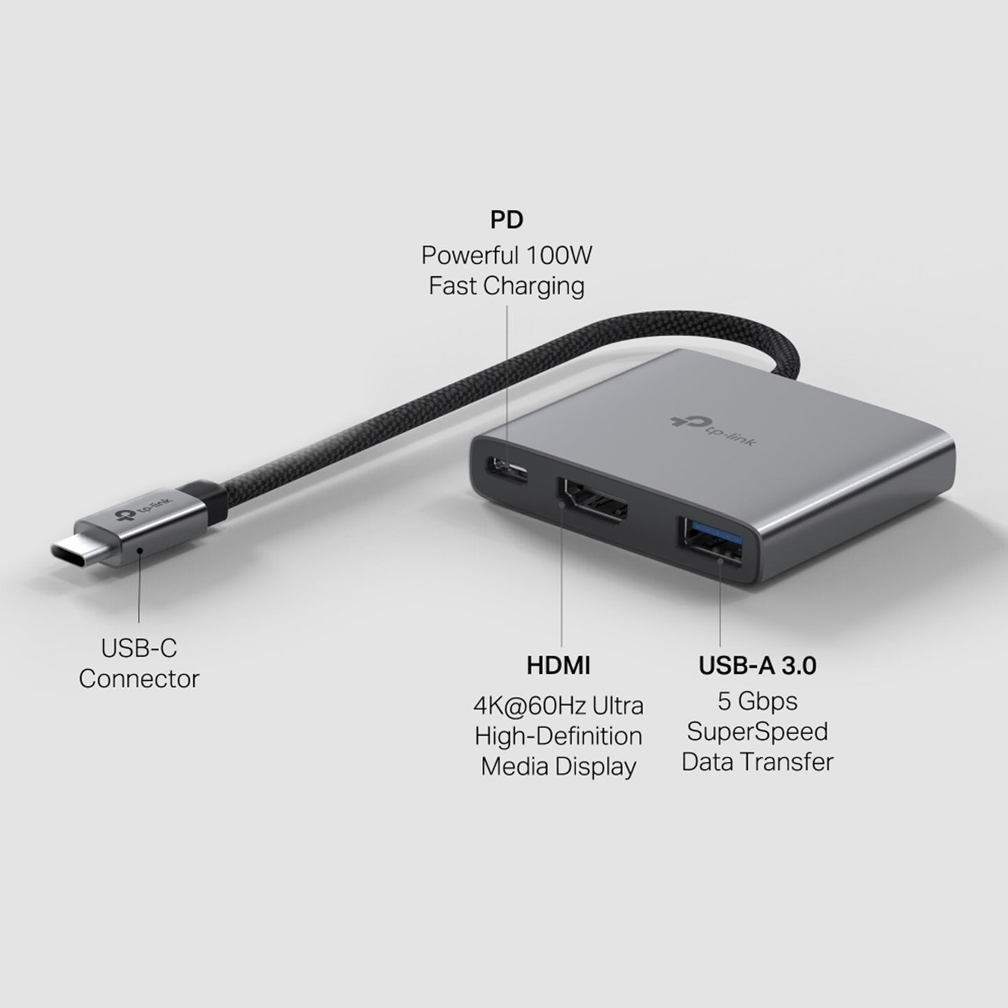 TP-Link UH3020C USB Type-C 3 in 1 Hub, USB 3.0, 5Gbps Data Transfer, USB A, HDMI 4K@60Hz, 100W PD 3.0 Fast Charging, Expand Connections, Self-Storage, Braided Cable, Plug&Play, Easy to use