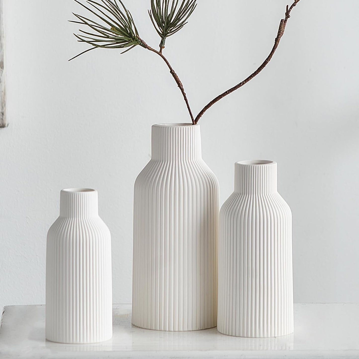Ribbed Pipe Ceramic Vase for Flowers, Pampas Grass, or Live Plants | Decorative Home & Office Centerpiece Gift – No Flowers- (White, 6 Inch)