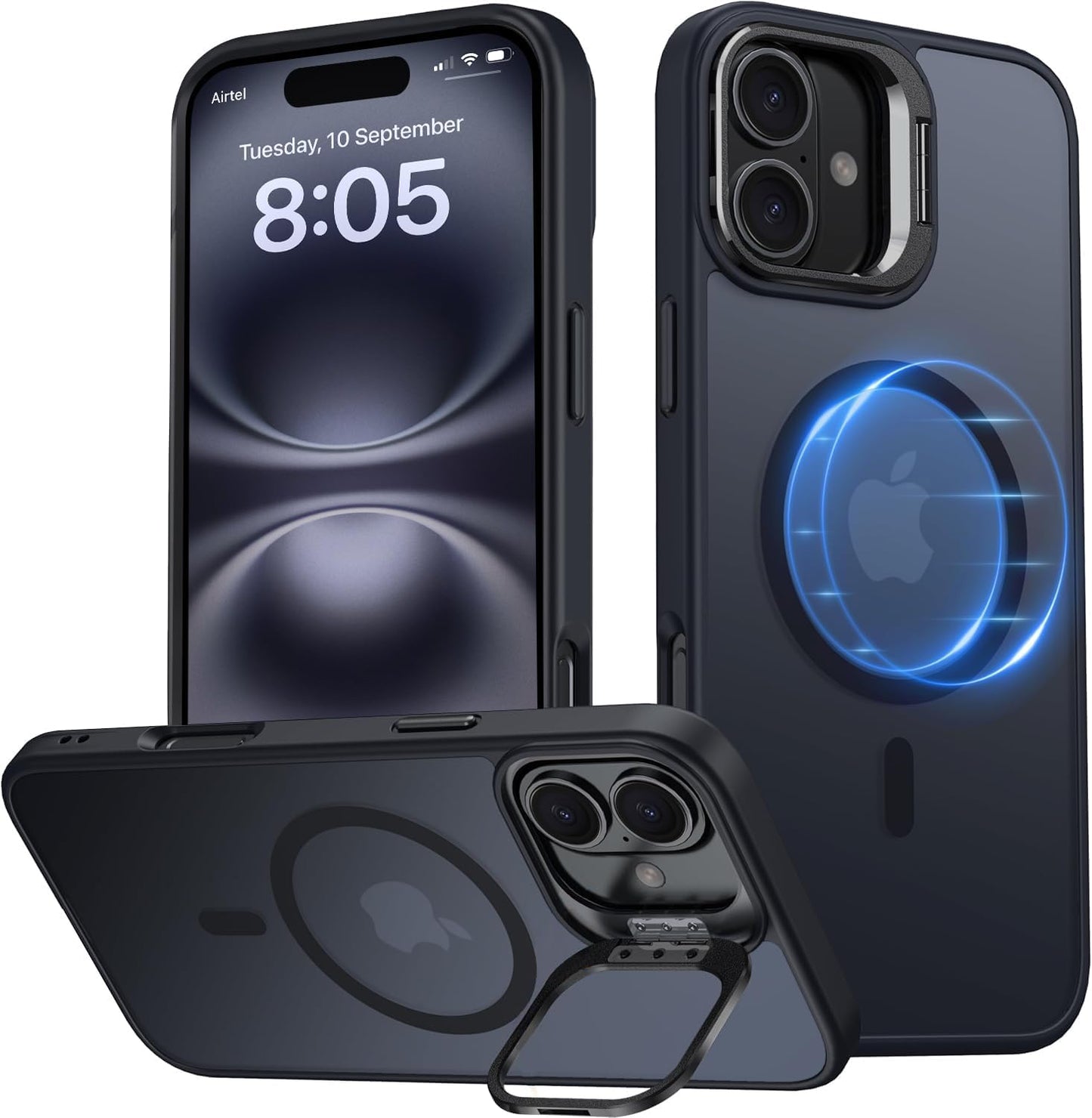 EGOTUDE Stand Case for iPhone 16 | Translucent Frosted Matte Hard Back Cover Compatible with Mag-Safe (Black)