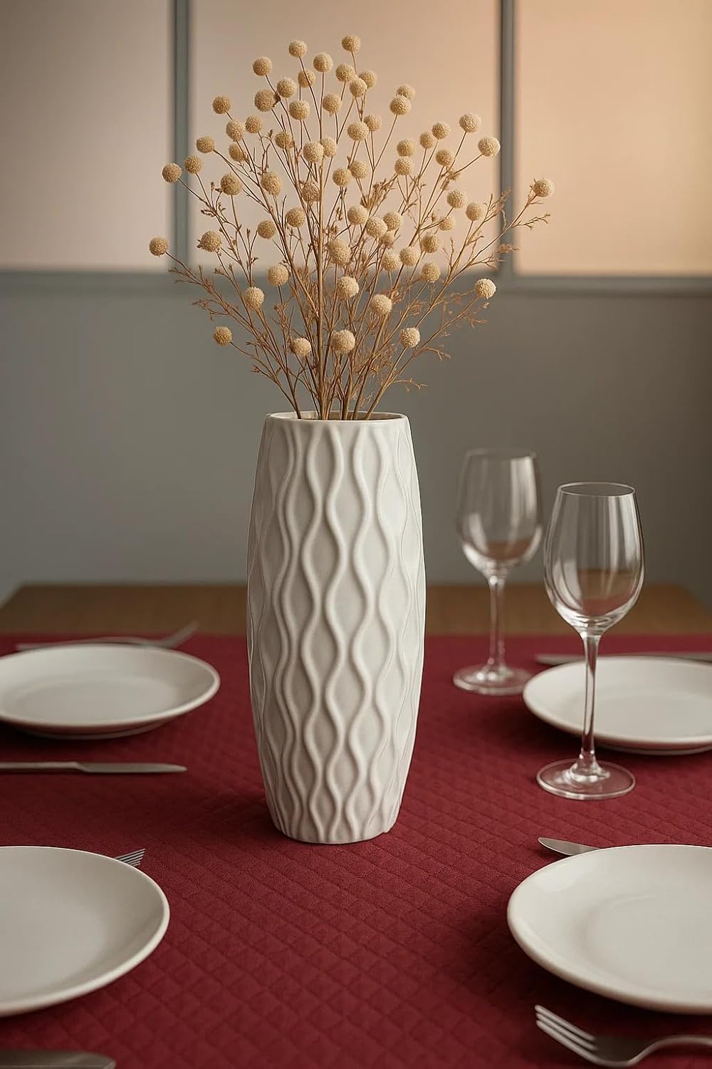 Ribbed Pipe Ceramic Vase for Flowers, Pampas Grass, or Live Plants | Decorative Home & Office Centerpiece Gift – No Flowers- (White, 6 Inch)