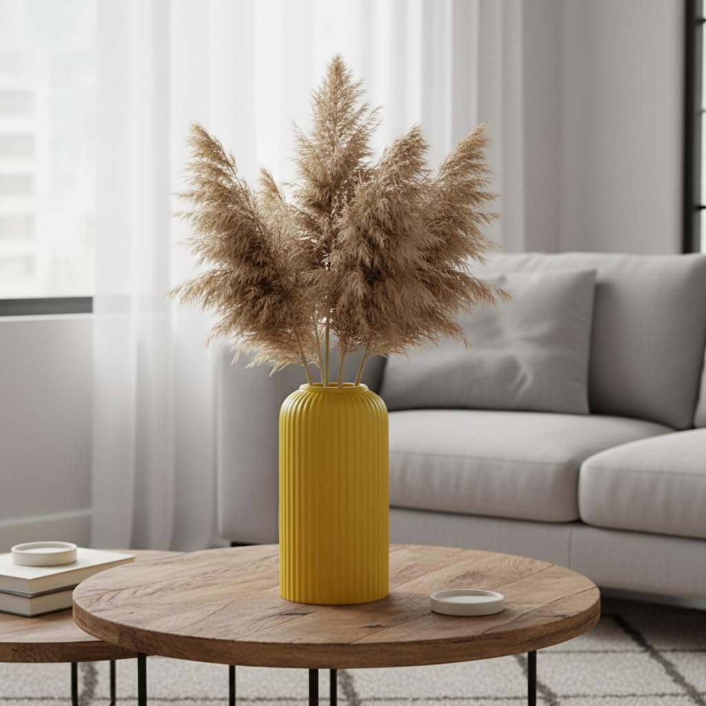 Yellow Ribbed Ceramic Flower Vase 6 Inch Matte Pampas Grass & Dried Flower Vase for Home & Office Table Decor Decorative Centerpiece Gift – Vase Only