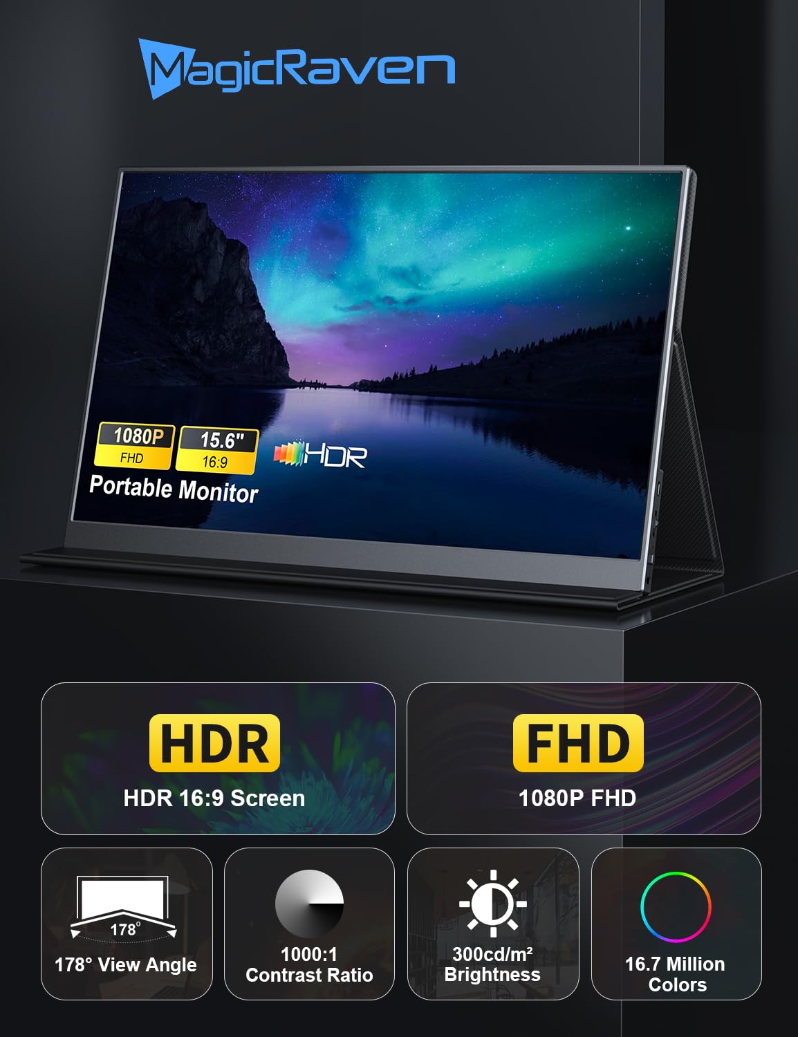 MagicRaven Portable Monitor, 15.6" 1920 * 1080P IPS Laptop Screen, 60Hz Lightweight and Slim Travel Monitor with Full-Featured USB C HDMI Port, Gaming Display for PC Switch Xbox PS3/4/5