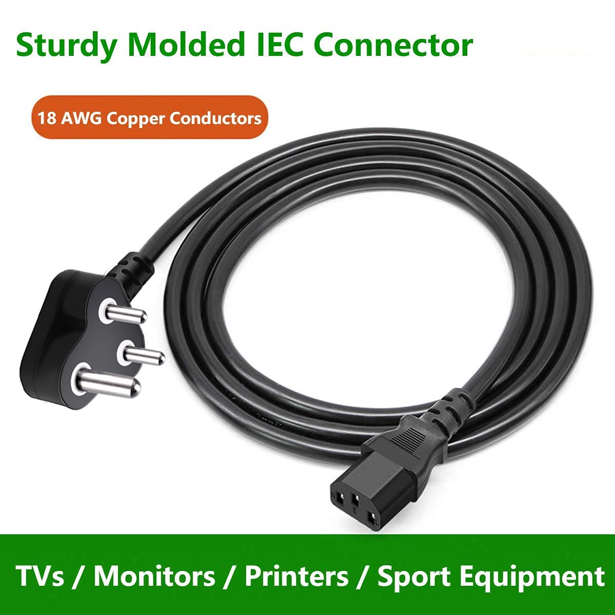 FEDUS Power Cord 1.8M Replacement Power Cable, India Plug IEC Computer Mains Power Cable Cord for Desktop 3 pin Power Cable for PC, Power Cable for Monitor SMPS and Printer, Power Supply, TV