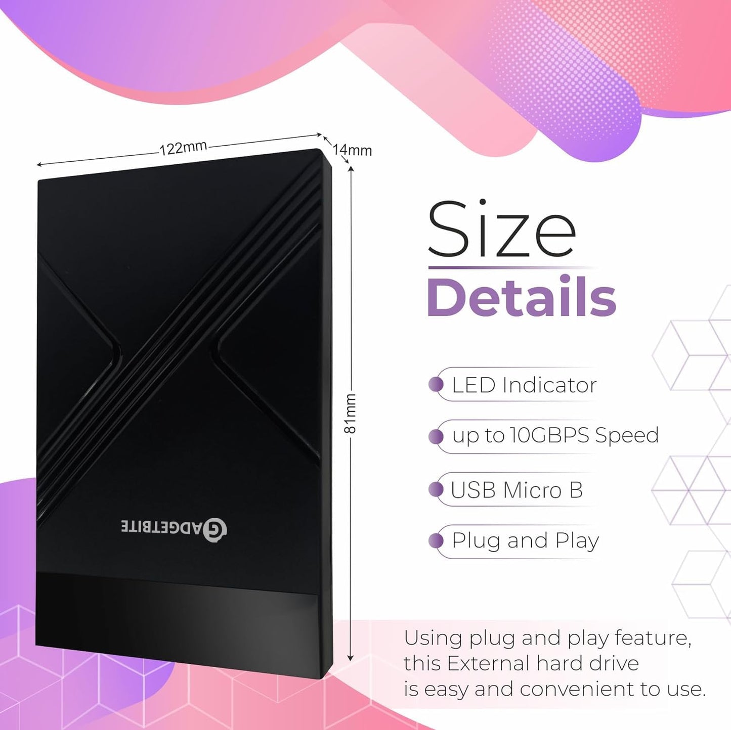 Gadgetbite SSD Enclosure Case, Tool-Free External Hard Disk Case with Fast Transfer Speed Up to 5 Gbps & Up to 4TB Storage Capacity with 2.5 SATA SSD / HDD (Black, USB to SATA 3.0)