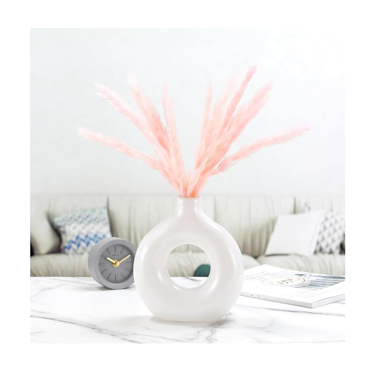 White Ceramic Donut Vase, 6 Inch Modern Flower Vase for Pampas Grass, Dried Flowers, Home & Office Decor, Centerpiece, Handcrafted Gift Vase Only