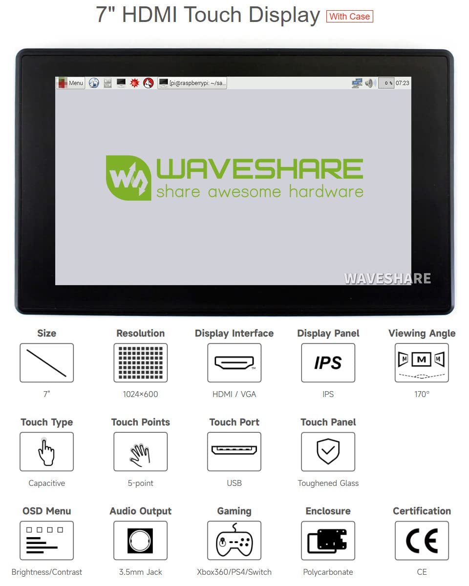 Waveshare 7inch HDMI LCD (H) (with case) 1024x600 Resolution Monitor IPS Capacitive Touch Screen with Toughened Glass Cover Supports Multi Mini PC Raspberry Pi BB Black Banana Pi