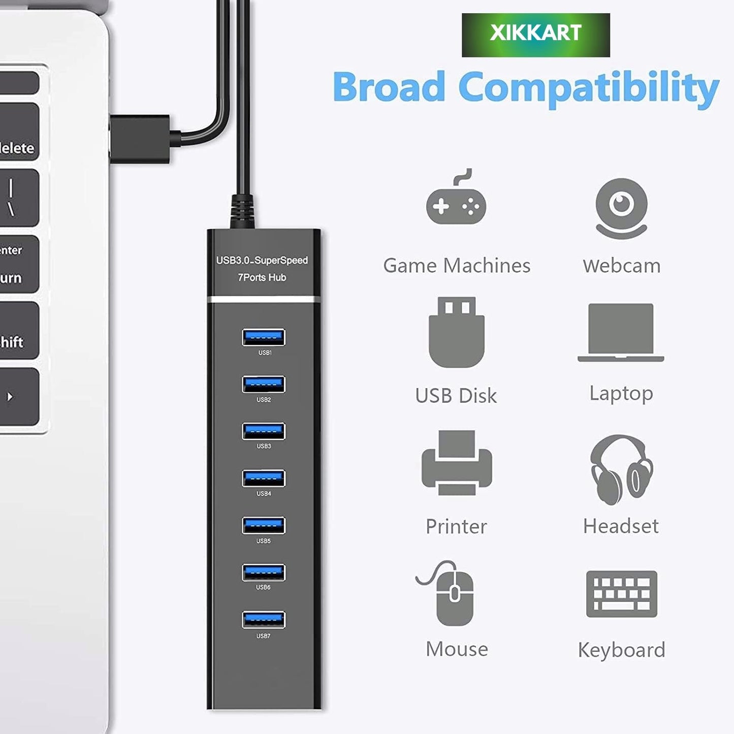 XIKKART USB Hub 3.0, 7-Port USB Data Hub Splitter with 3.3ft Long Cable for PS4, PS5,Xbox one, MacBook, Mac Pro/Mini, iMac, XPS, Surface Pro, iPhone, iPad, Galaxy Series, Mobile HDD, and More