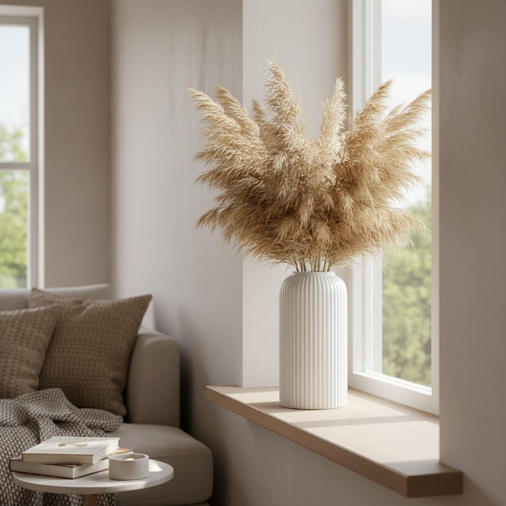 Yellow Ribbed Ceramic Flower Vase 6 Inch Matte Pampas Grass & Dried Flower Vase for Home & Office Table Decor Decorative Centerpiece Gift – Vase Only
