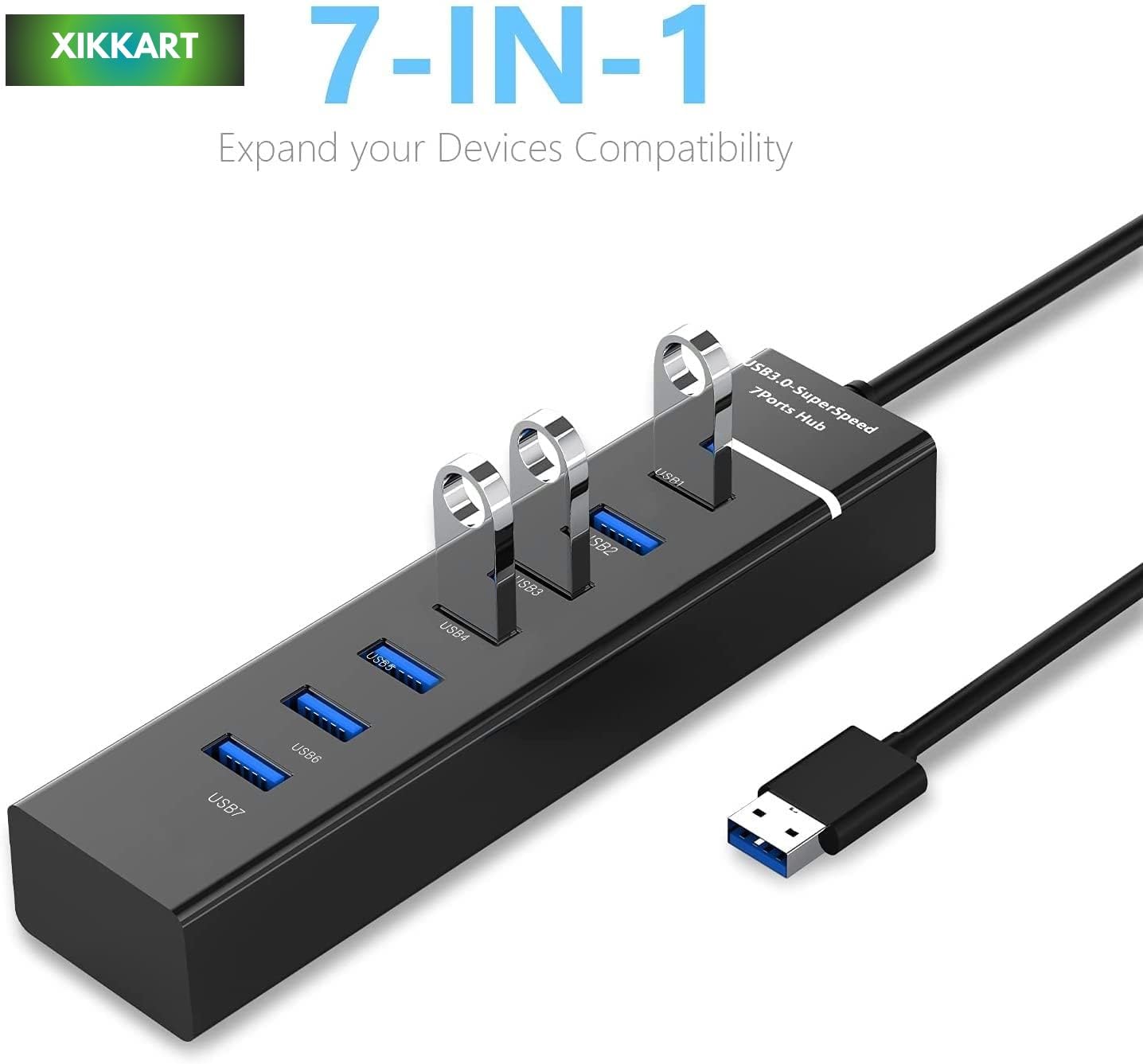 XIKKART USB Hub 3.0, 7-Port USB Data Hub Splitter with 3.3ft Long Cable for PS4, PS5,Xbox one, MacBook, Mac Pro/Mini, iMac, XPS, Surface Pro, iPhone, iPad, Galaxy Series, Mobile HDD, and More