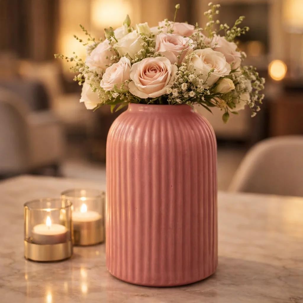 Ribbed Pipe Ceramic Vase for Flowers, Pampas Grass, or Live Plants | Decorative Home & Office Centerpiece Gift – No Flowers- (White, 6 Inch)