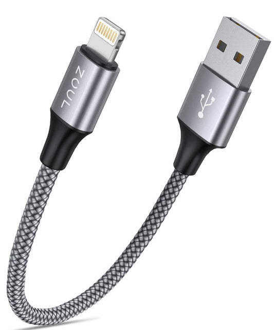 Zoul USB to Lightning Short Nylon Braided Fast Charging and Data Sync Cable Compatible for iPhone 14, 13, 12, 11, X, XR, XS, XS Max, 8, 7, 6, iPad Air/Pro/Mini, Powerbank (0.25M, Grey)