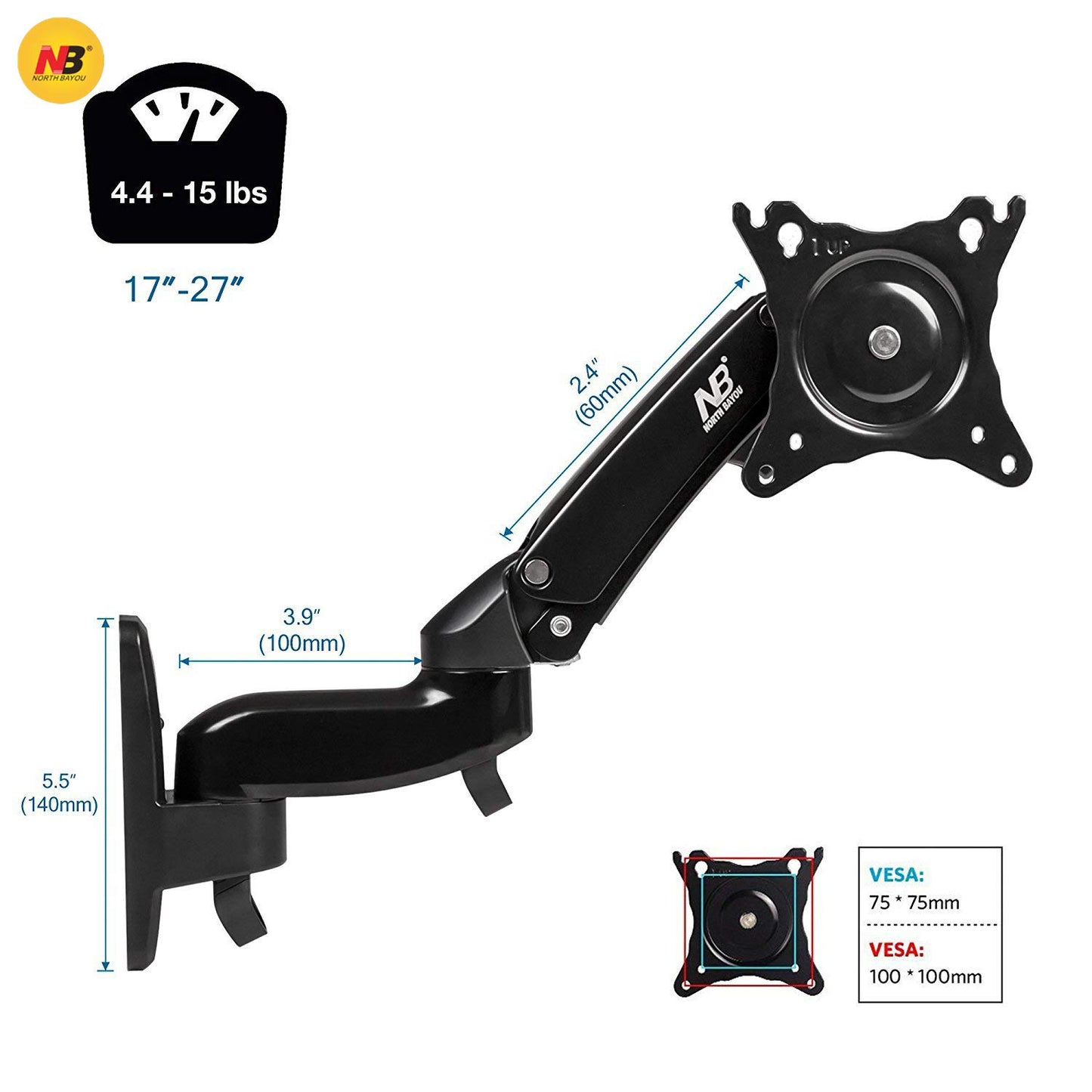 North Bayou NB Gas-Strut Monitor Arm for 17” to 35”, Load 3-12kg, Double Extension.