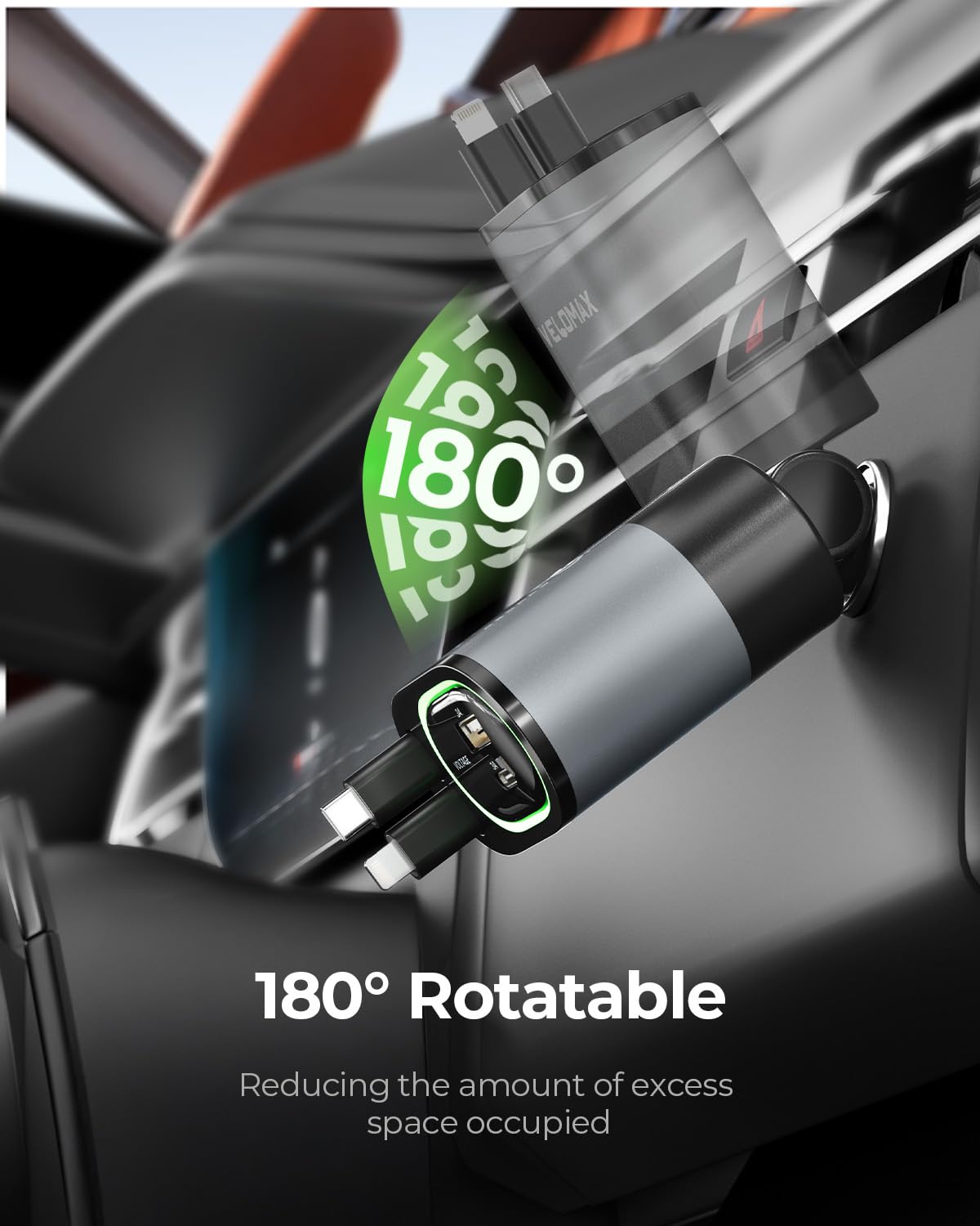 Velomax 72W Fast Car Charger with 80CM Retractable Type-C & 30-pin Port Cables – Simultaneous Charging for 4 Devices – Universal Car Mobile Charger for All Smartphones & Tablets