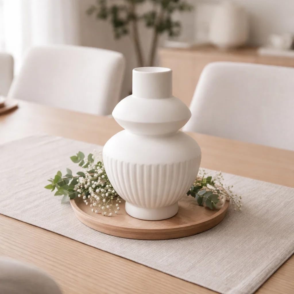Ribbed Pipe Ceramic Vase for Flowers, Pampas Grass, or Live Plants | Decorative Home & Office Centerpiece Gift – No Flowers- (White, 6 Inch)