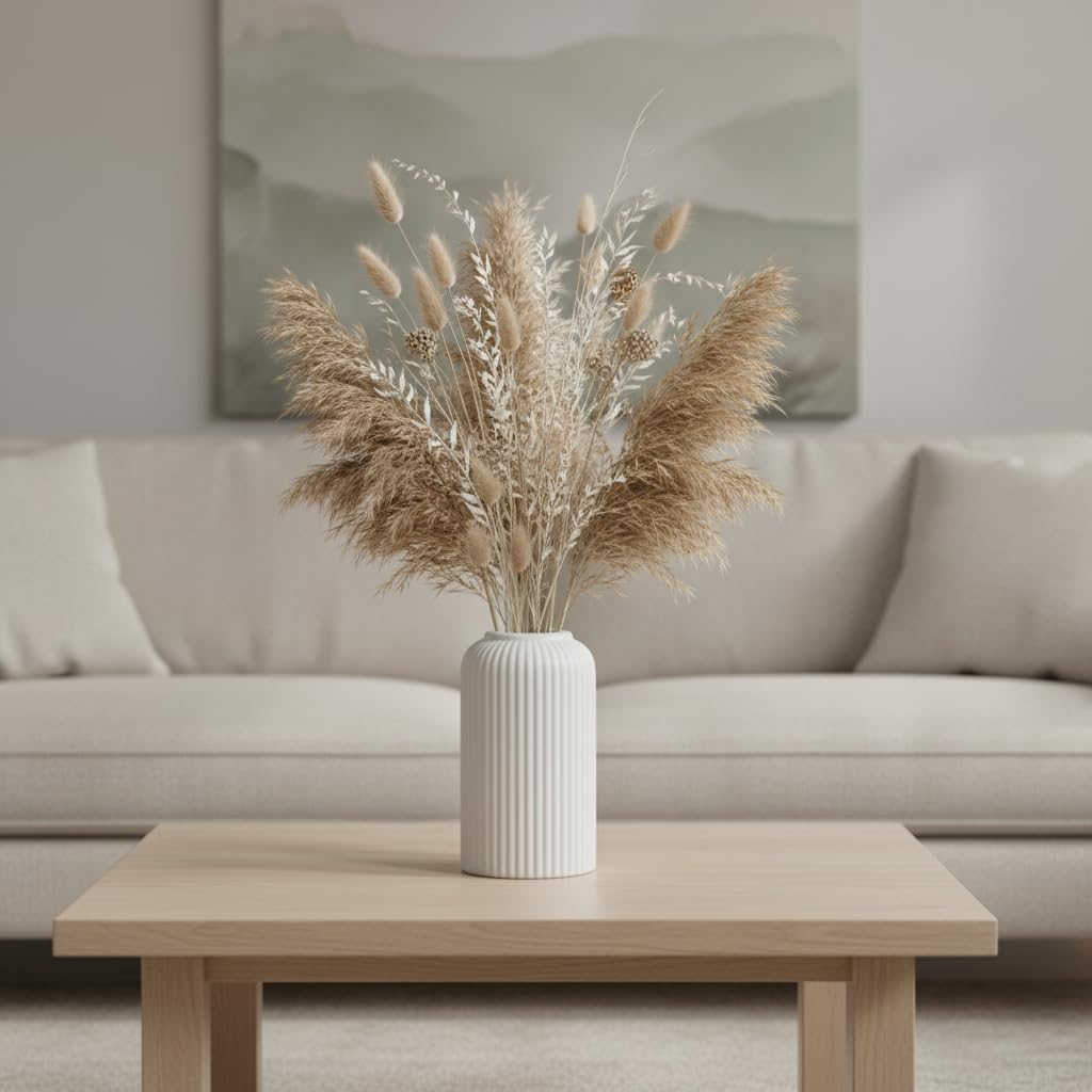 Yellow Ribbed Ceramic Flower Vase 6 Inch Matte Pampas Grass & Dried Flower Vase for Home & Office Table Decor Decorative Centerpiece Gift – Vase Only