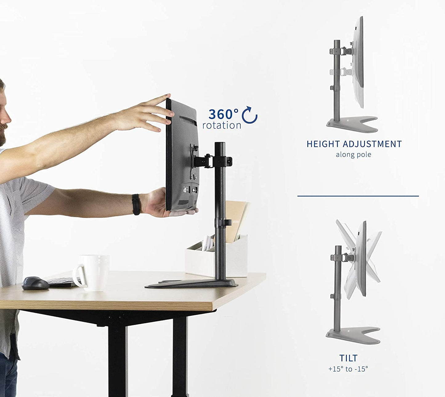 Jin Office Height Adjustable Monitor Stand Mount | Supports 13-32" Screens| Monitor Mount for Desk | Metal Black Powder Coated Single Monitor Arm Stand| Freestanding Monitor Mount (Black)