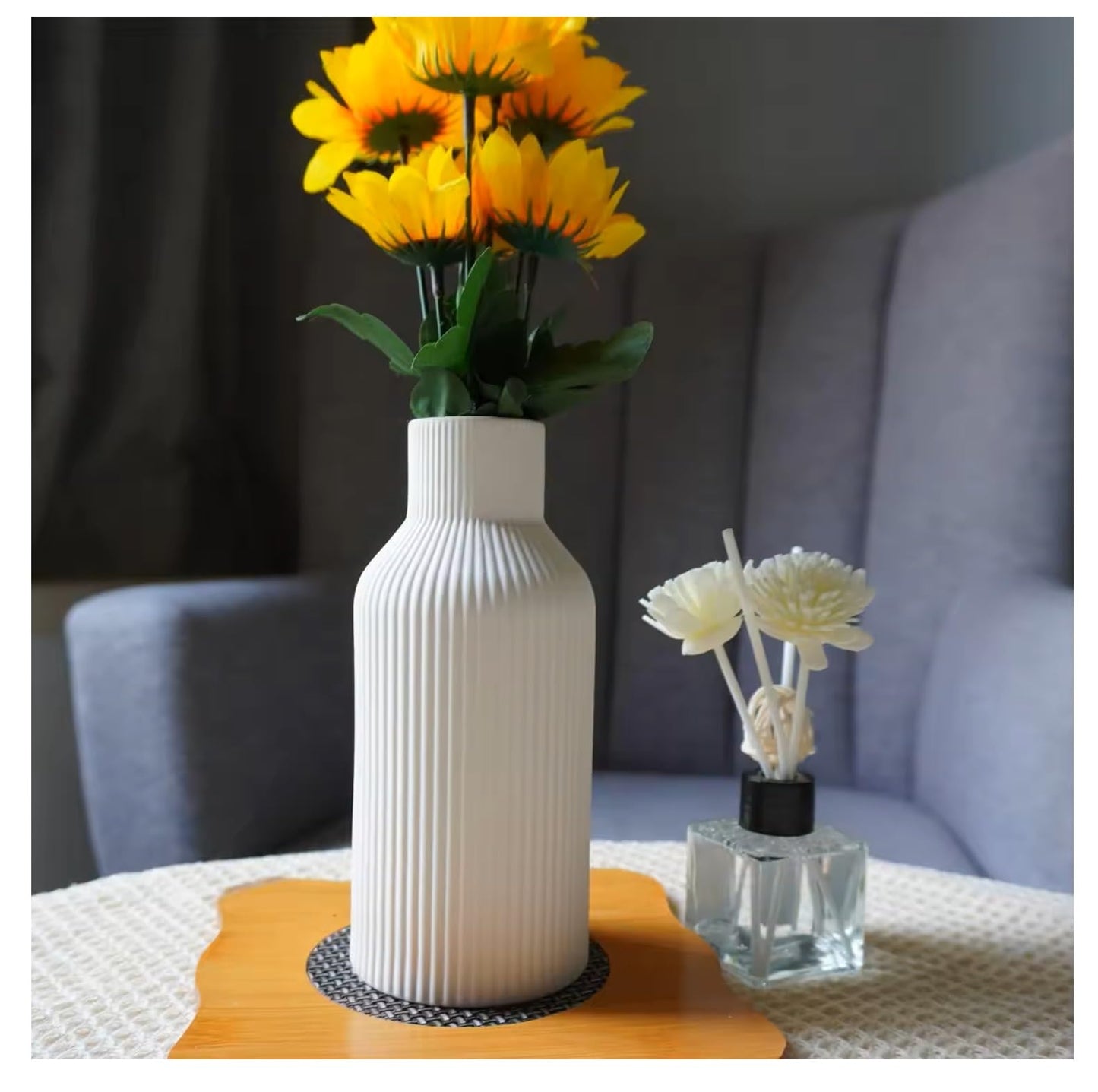 Ribbed Pipe Ceramic Vase for Flowers, Pampas Grass, or Live Plants | Decorative Home & Office Centerpiece Gift – No Flowers- (White, 6 Inch)