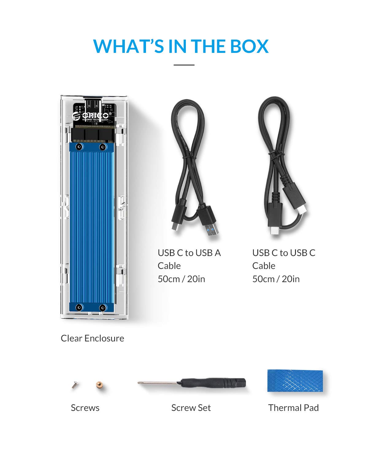 ORICO M.2 NVME Enclosure Adapter, USB 3.2 Gen 2 (10 Gbps), Transparent External Solid State Drive Adapter Enclosure for 2280 2260 2242 2230 PCI-E M2 M-Key SSD, USB Type C Converter Case (TCM2-Blue)