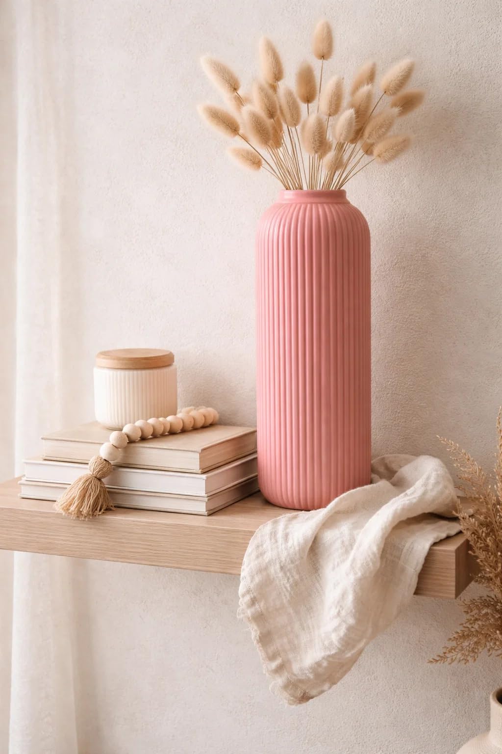 Ribbed Pipe Ceramic Vase for Flowers, Pampas Grass, or Live Plants | Decorative Home & Office Centerpiece Gift – No Flowers- (White, 6 Inch)