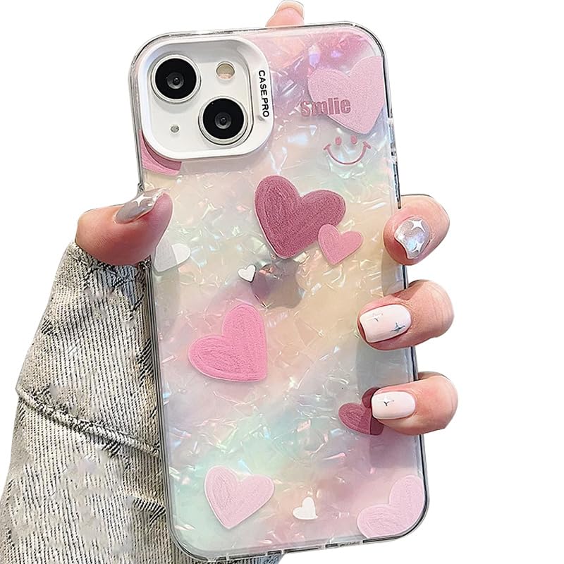 mobistyle Designed for iPhone 15 Cover Cool Shining Shell Love Heart Pattern Design with TPU Edges Phone Back Cover Case for Girls Women (Bling Heart Pink)