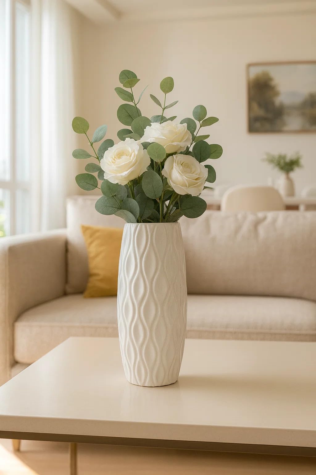 Ribbed Pipe Ceramic Vase for Flowers, Pampas Grass, or Live Plants | Decorative Home & Office Centerpiece Gift – No Flowers- (White, 6 Inch)