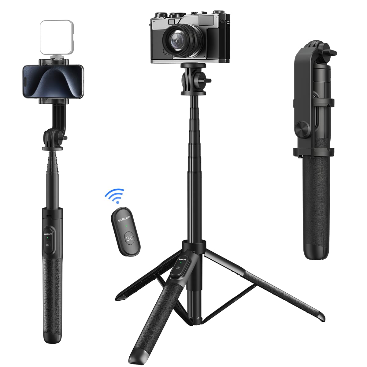 Mobilife 64" Multi-Function Selfie Stick Tripod Long Selfie Stick for iPhone&Android Multiple Mount for Camera Gopro Fill Light Aluminum Portable Mobile Tripod with Bluetooth Remote,Black