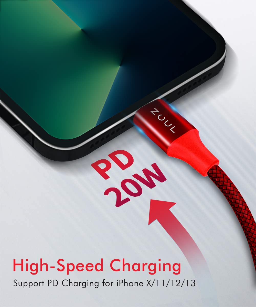 ZOUL Type C to Lightning MFI Certified 20W PD/Fast Charging 2M Long Nylon Braided Data Cable Compatible for iPhone 14, 13, 12, 11, X, XR, XS, XS Max, 8, iPad (2M, Red)