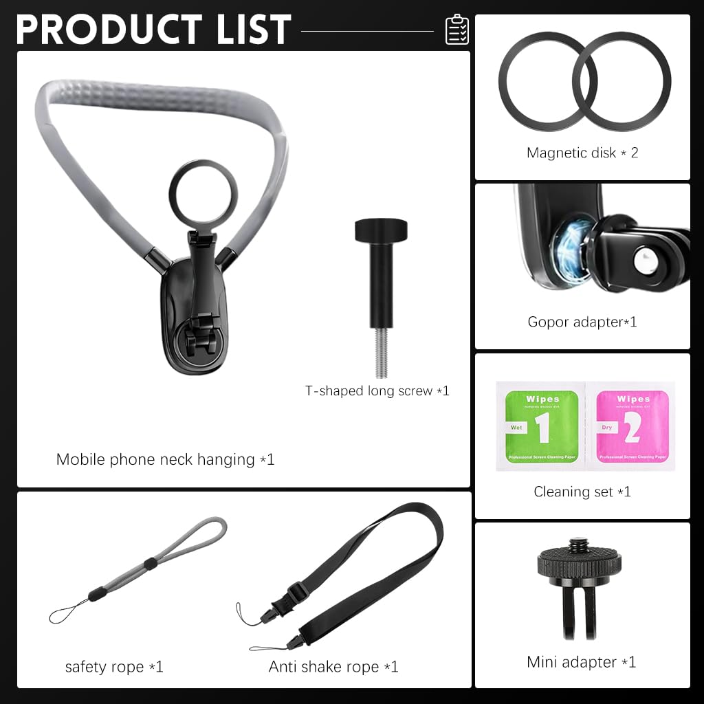 ZORBES®Mag-netic Neck Holder for Action Camera & Phone, Hands Free Neck Tripod Chest Mount Compatible with GoPro DJI Insta 360 iPhone Android, Neck Phone Holder for Recording POV Video Vlog,