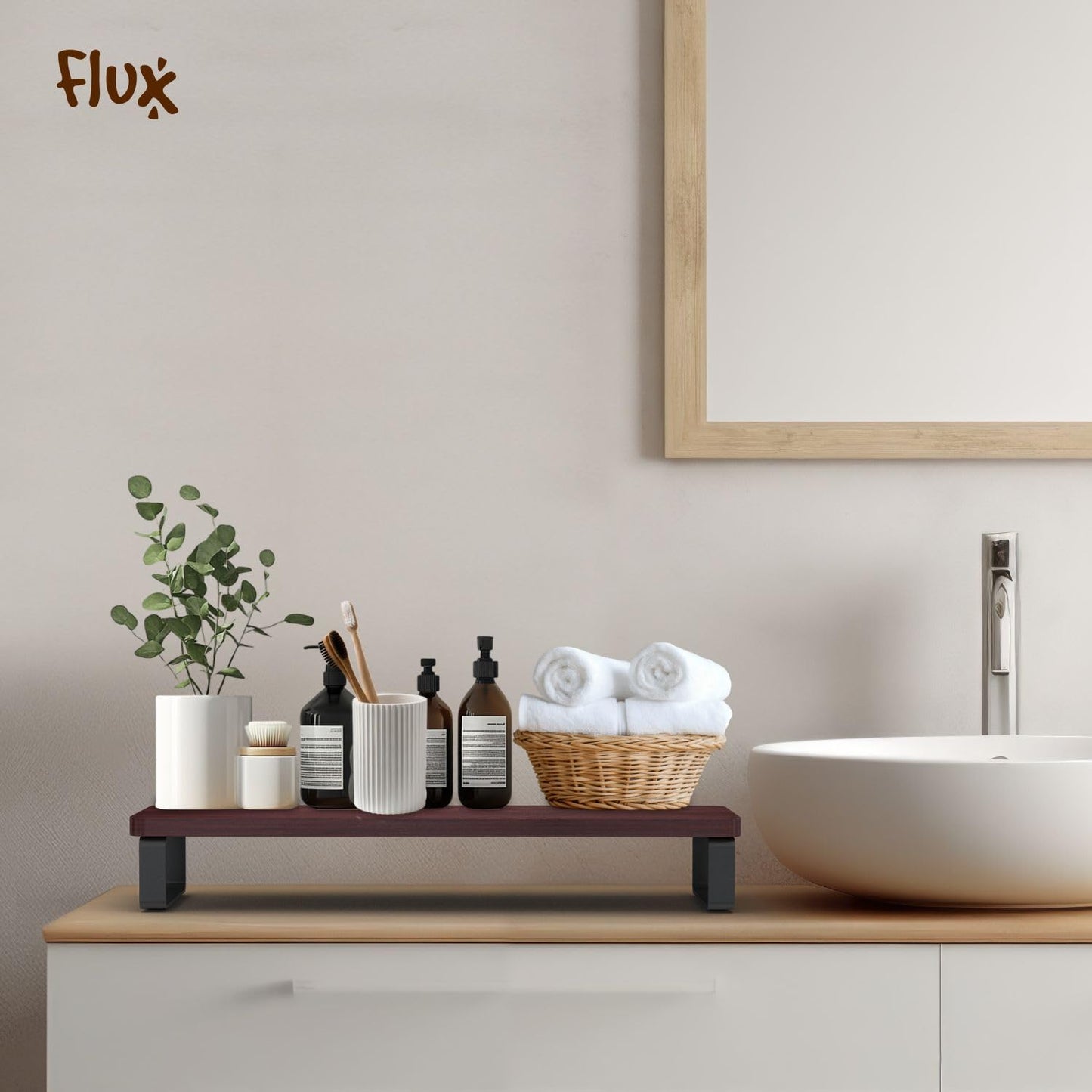 flux Monitor Stand Wooden | Monitor Stand Riser | PC Stand For Desktop Table | , Non Slip, Material: Particle Board & Metal size- (59.5 cm x 20cm x 12cm) Shelf (Rustic red)