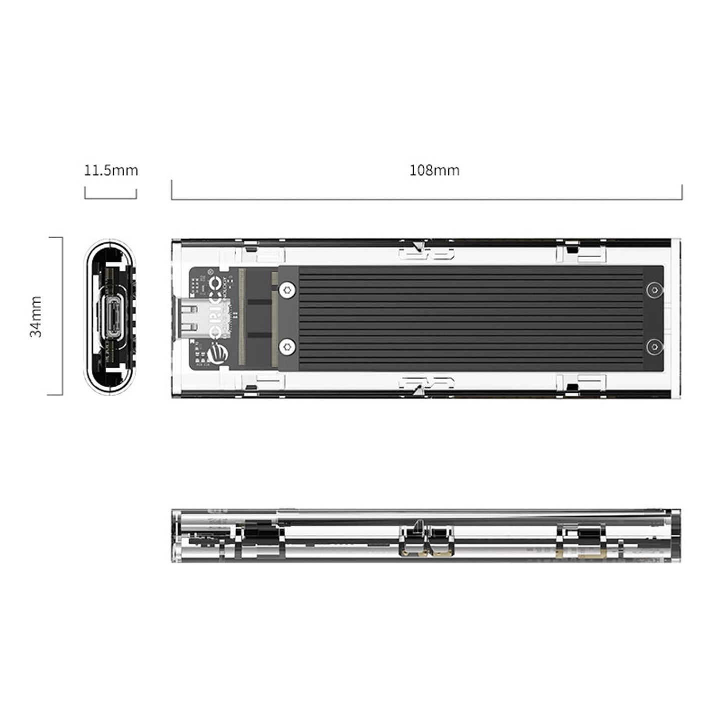 ORICO Transparent NVMe M.2 Enclosure Tool-Free USB3.1 Type-C Gen2 10Gbps to M.2 SSD Enclosure for Intel 660p/Samsung 970 EVO/Samsung970 Pro 2230/2242/2260/2280 PCIe NVMe M-Key SSD up to 2TB.