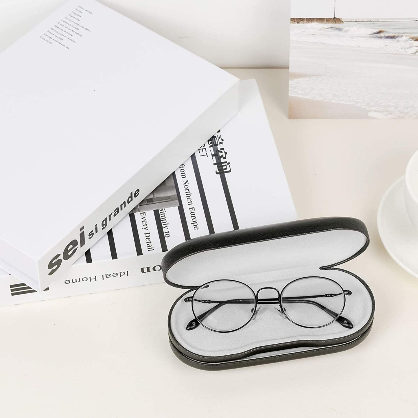 Everhype Unisex Protective Case for Sunglasses, Spectacles + Contact Lenses | Hard Lens Case | Two Sided Storage with Mirror
