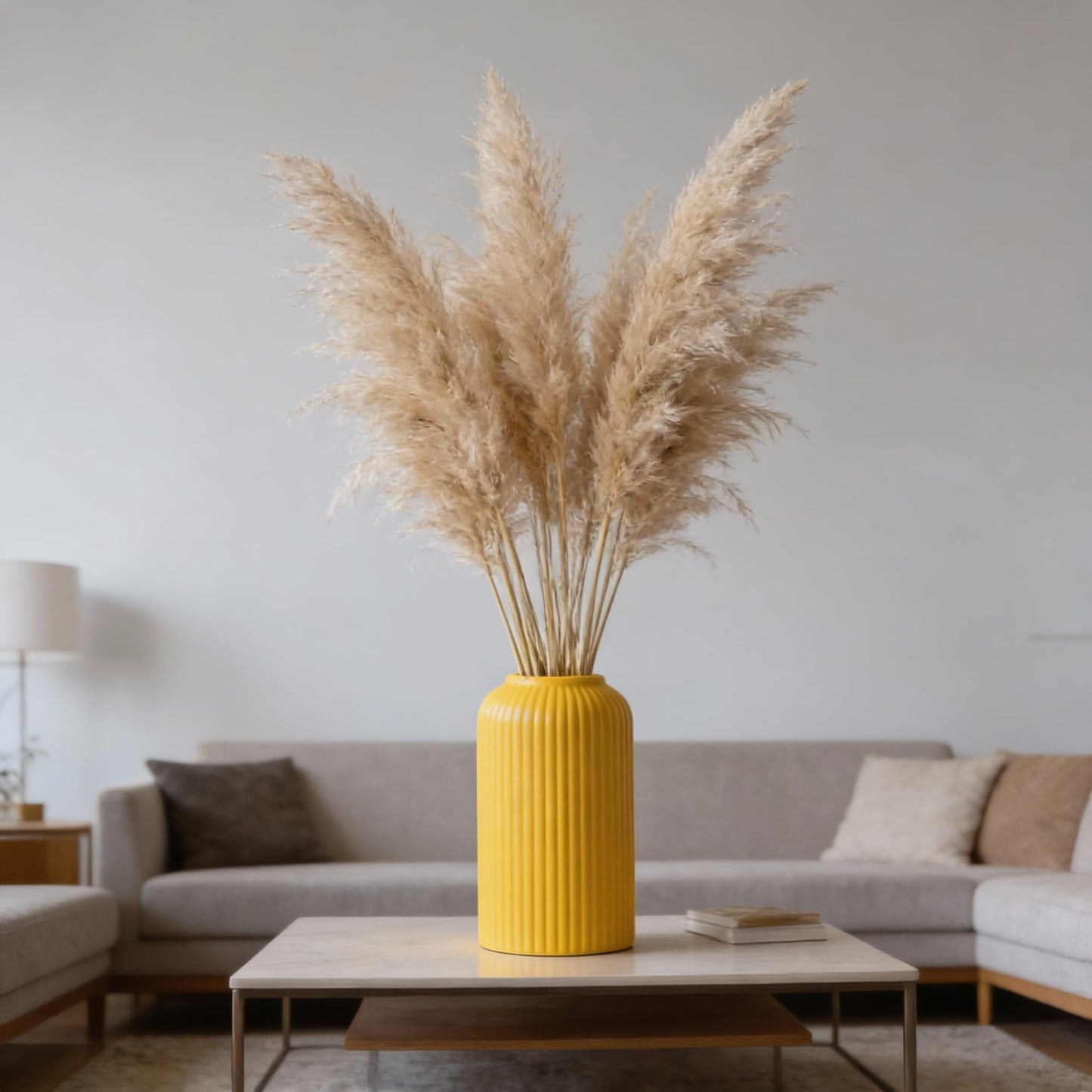 Yellow Ribbed Ceramic Flower Vase 6 Inch Matte Pampas Grass & Dried Flower Vase for Home & Office Table Decor Decorative Centerpiece Gift – Vase Only