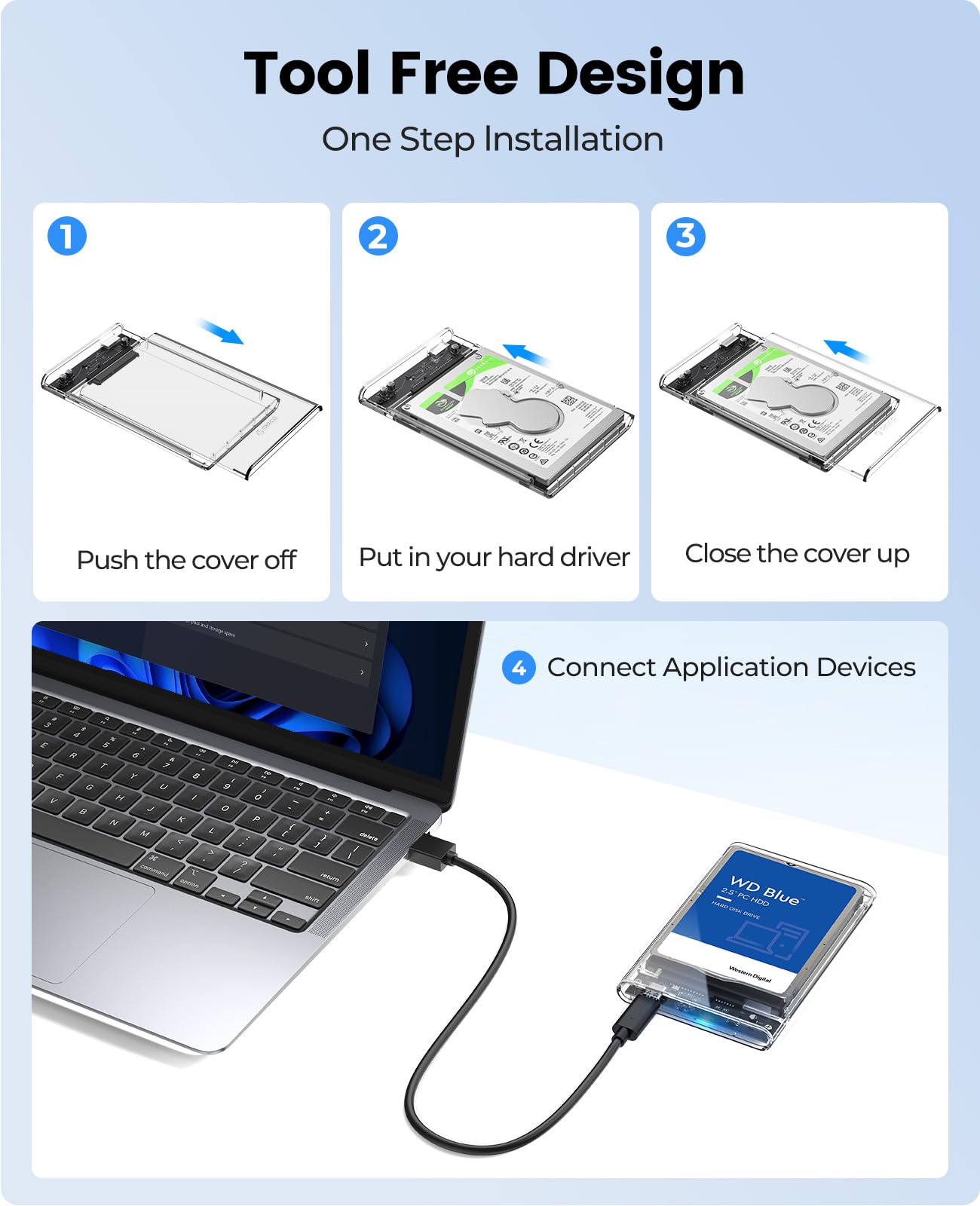 ORICO 2.5" External Hard Drive Enclosure, SATA III to USB Type-C for HDD/SSD - Tool Free Installation, Transparent Design, Supports UASP and up to 4TB [Hard Drive NOT Included]
