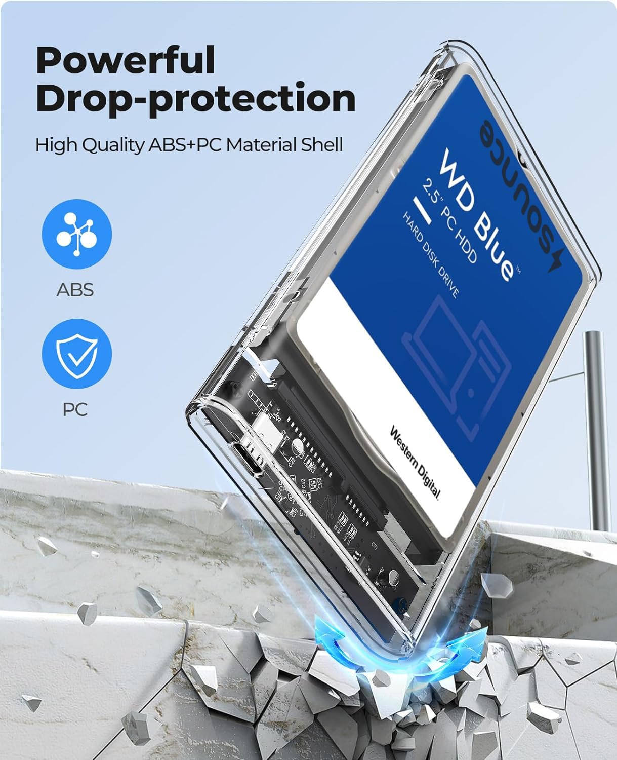 Sounce 2.5" SATA SSD Enclosure Transparent Case, SATA to USB C 3.1 Tool-Free External Hard Disk Case with Fast Transfer Speed Up to 6 Gbps & Up to 6TB Storage Capacity Compatible for 2.5 SATA SSD/HDD
