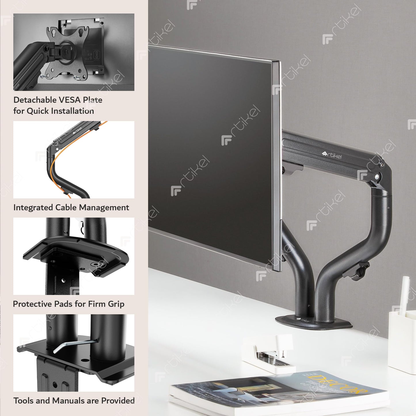 ARTIKEL Monitor Desk Mount | Adjustable Spring Assisted Monitor Arm | VESA Mount with C Clamp & Grommet Mounting Base | Computer Monitor Stand for Screen up to 27 inch | Curve Series | Dual Monitor