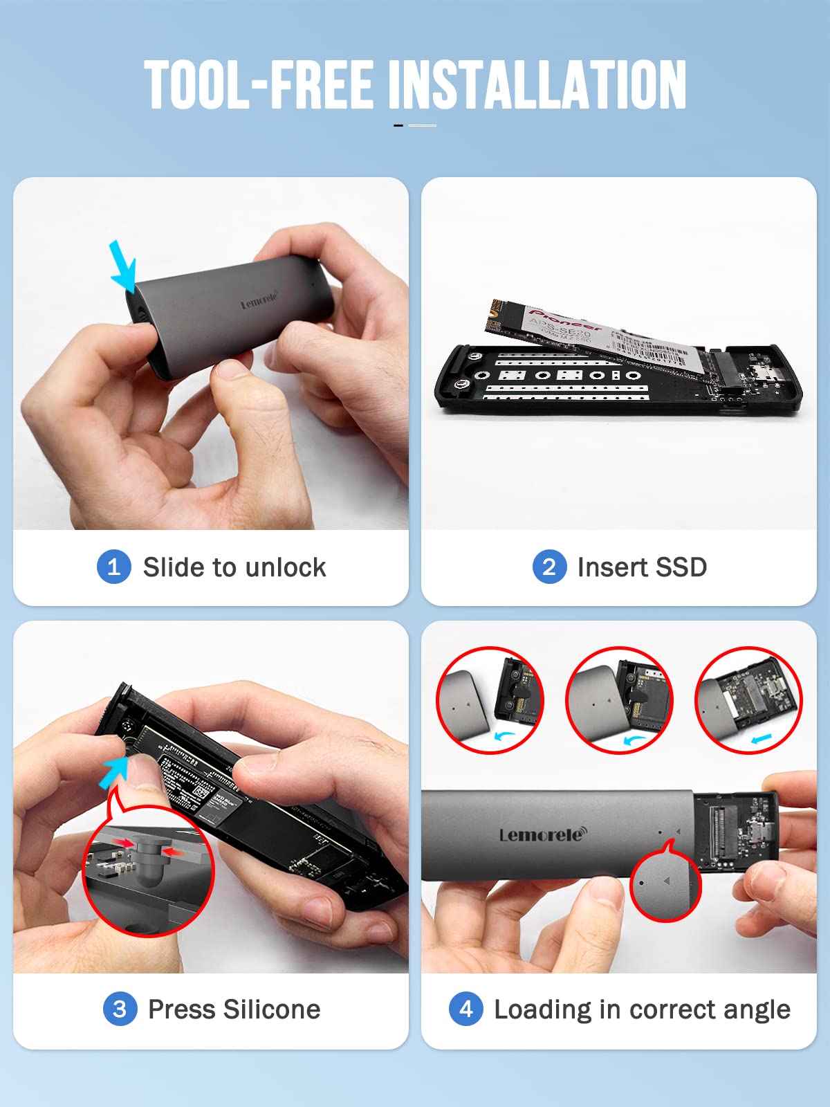 Lemorele M.2 NVMe SSD Enclosure Adapter, Tool-Free USB C 3.2 Gen2 (10Gbps) NVMe M.2 PCIe External Hard Drive Case Adapter for (M-Key & M+B Key) NVMe SSD (2230/2242 /2260/2280)