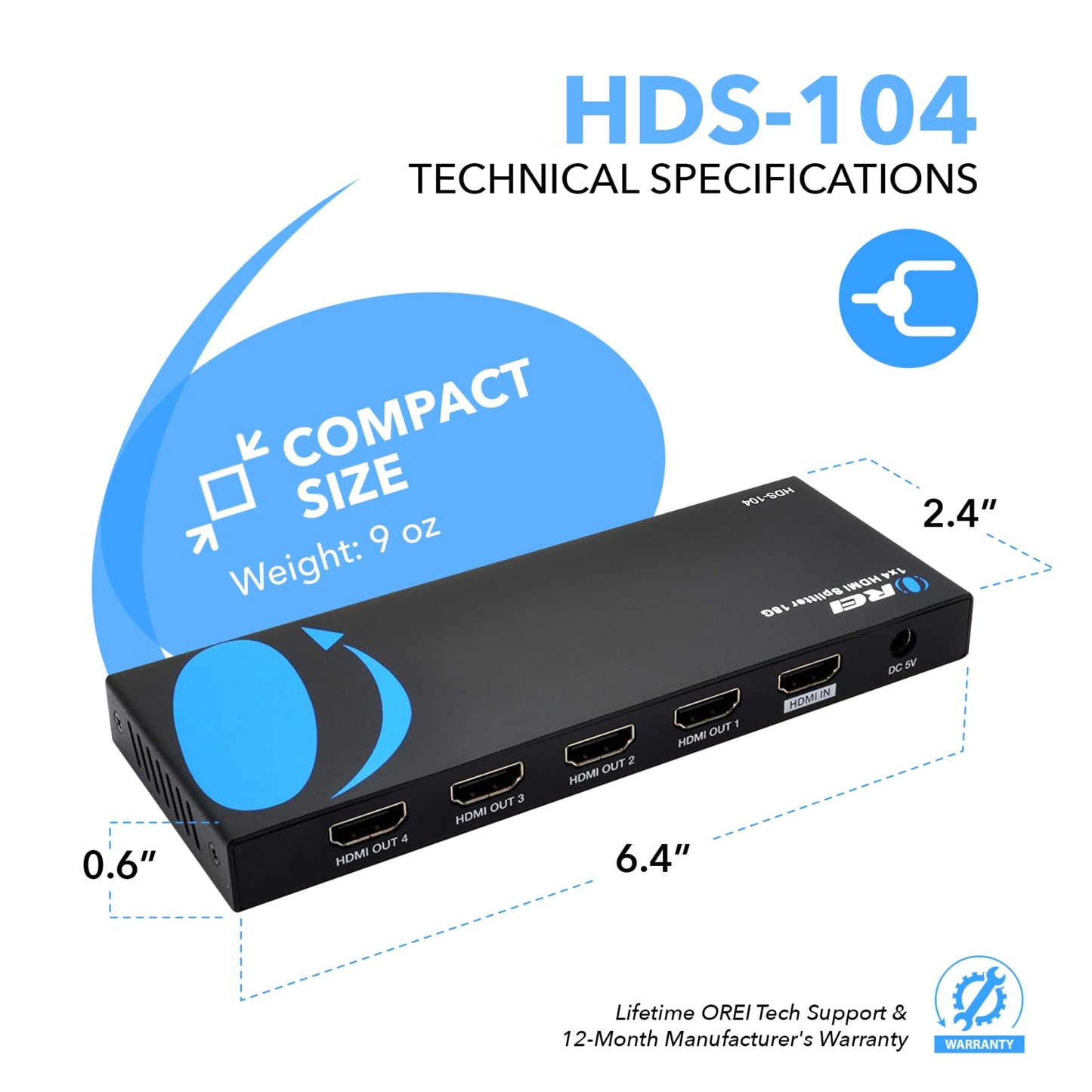 Orei HDS-104 1x4 Powered Splitter up to Full HD 1080P & 3D Support with EDID Control - 1 Source onto 4 Displays