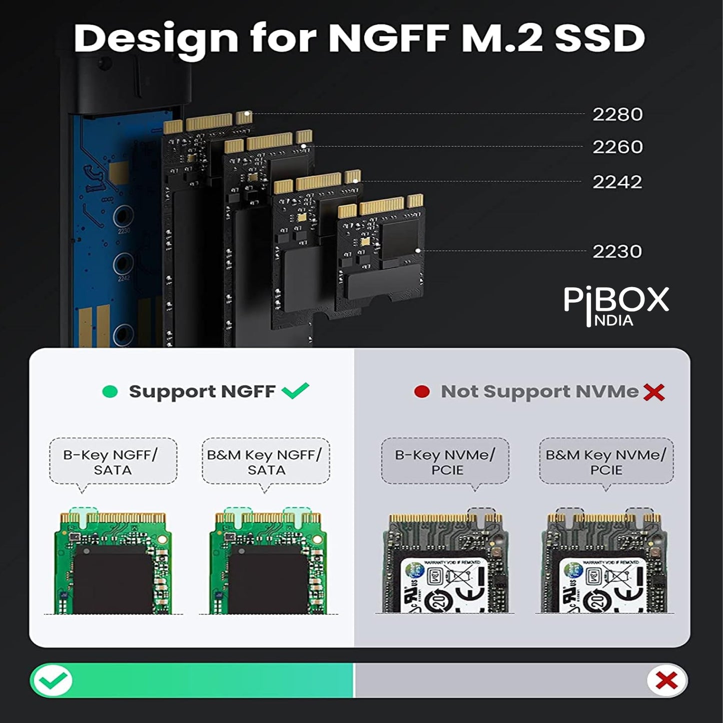 pibox India NGFF M2 SATA Enclosure, M.2 Enclosure for SATA NGFF SSD Aluminum case USB 3.1 Gen 2 to B M B-Key 2280 2260 2242 2230 External Solid State Drive with UASP - REALTEK RTL9201R - Tool Free