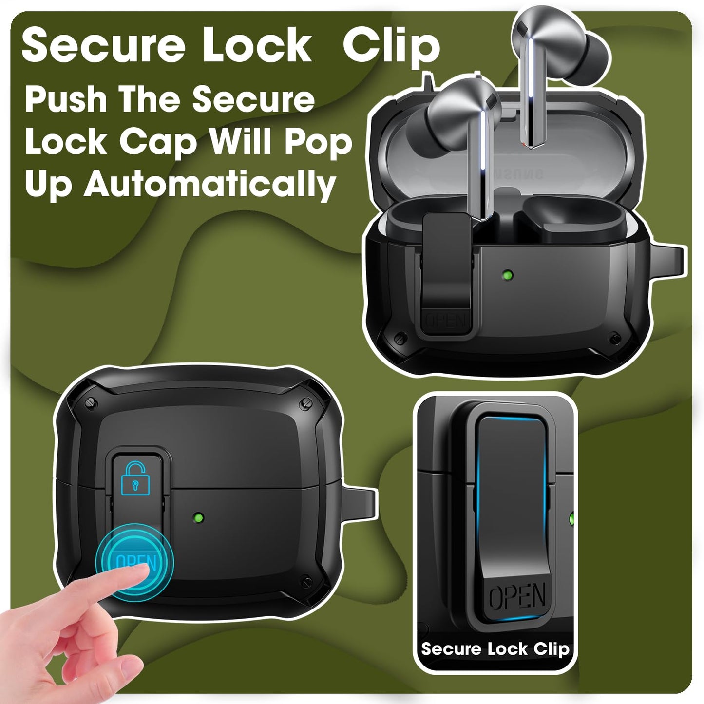 Sounce Tough Case Compatible with Samsung Galaxy Buds 3 Pro/Buds Live/Buds Pro Case with Carabiner, Rugged Protective Cover, Scratch Resistant, Drop Protection, Shock Armor Series (Buds 3 Pro)