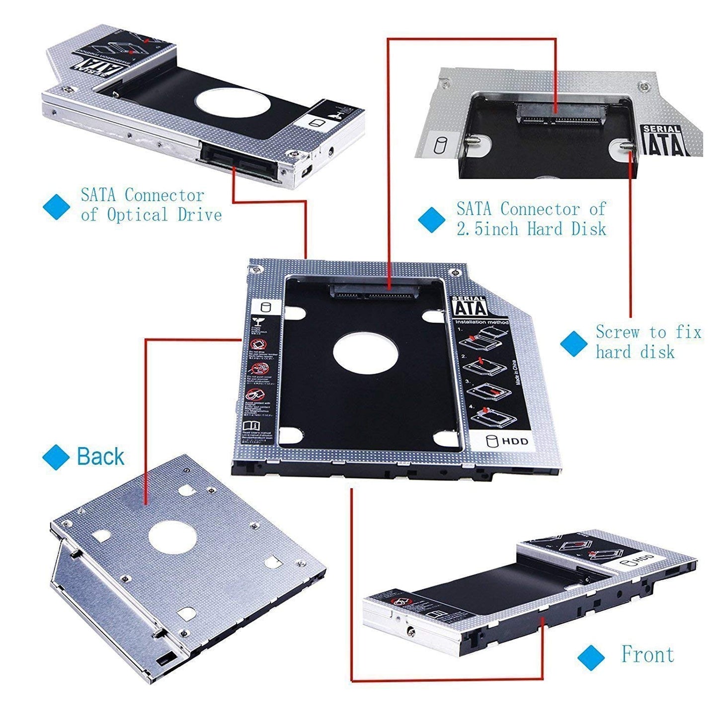 4 D (LABEL) Universal 2nd HDD Caddy 9.5mm SATA 2.0 Slim SATA III Hard Drive Optibay Adapter for Laptop CD DVD Optical Drive Bay