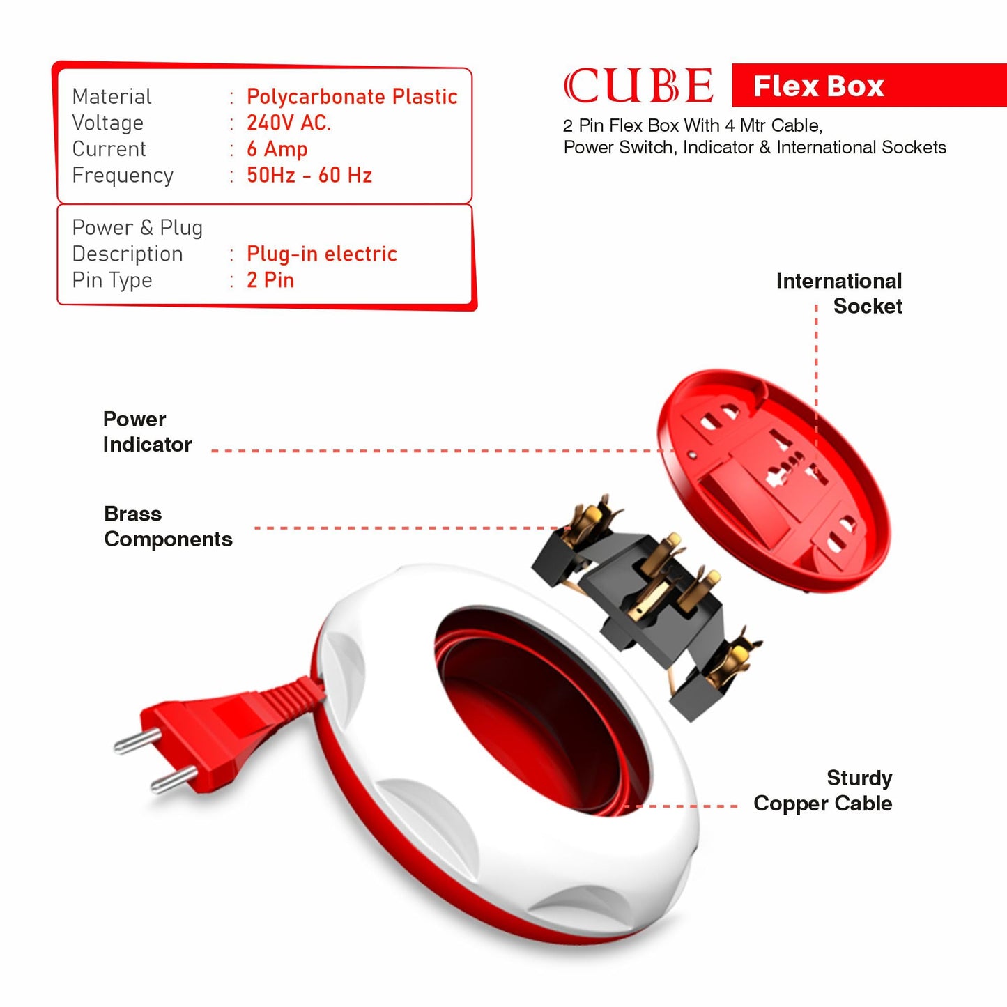 Vimal - Cube 2 Pin Extension Cord 4 Mtr. with International Socket,On/Off Switch & Power Indicator
