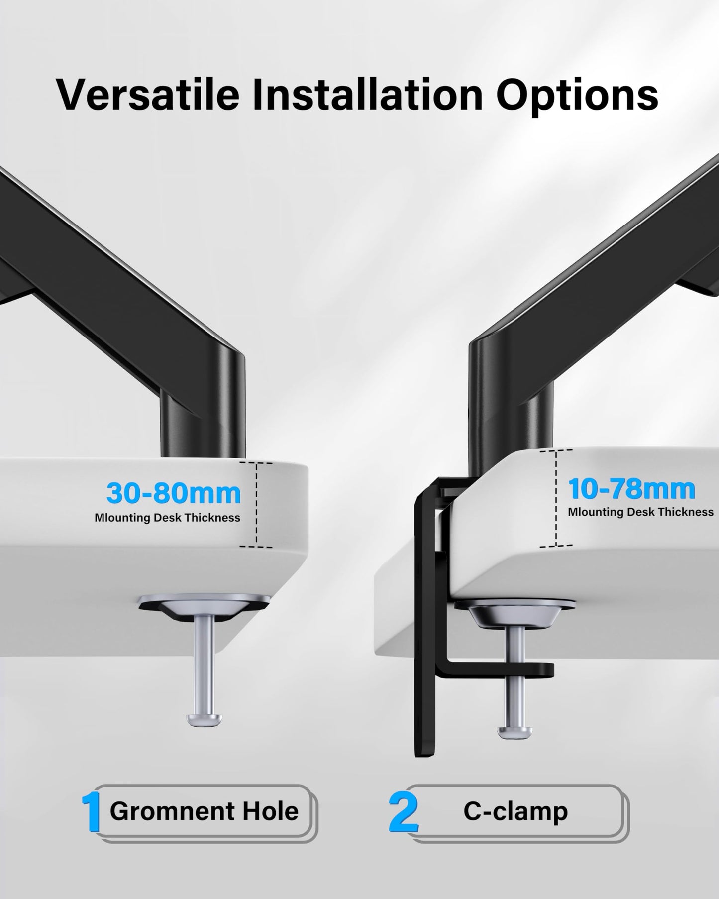 HEYMIX Single Monitor Arm, Ergonomic Monitor Stand VESA Mount, Computer Monitor Arm Gas Spring, Vesa Arm Adjustable Monitor arm, Monitor Mount & 2 Grommet Mounting Base for 13-32'' 2-9 kgs Sceens
