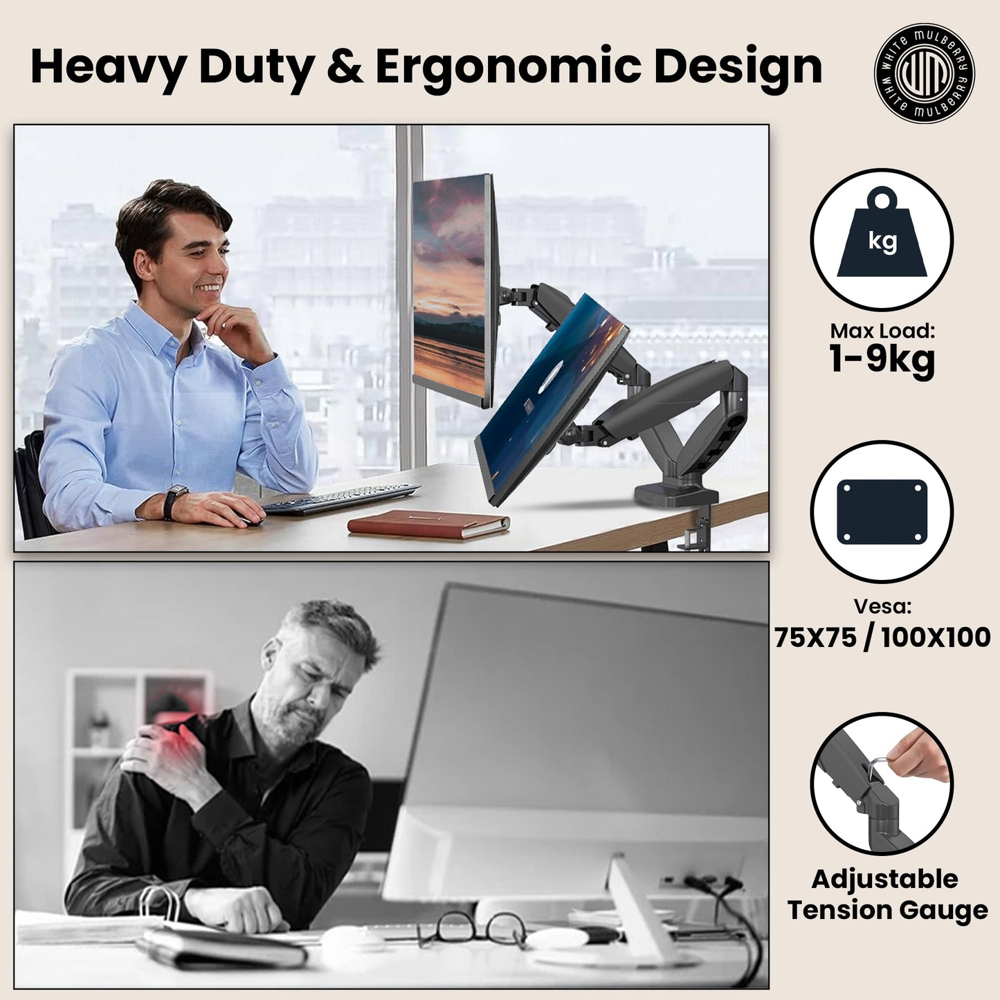 White Mulberry (Manufactured by LUMI)|DIY|Economical Gas Spring Monitor Arm | Desk Mounted Monitor Stand for 15-32 Inch Monitors |9Kg Capacity | Adjustable Metal Desk Monitor Mount - Dual Screen