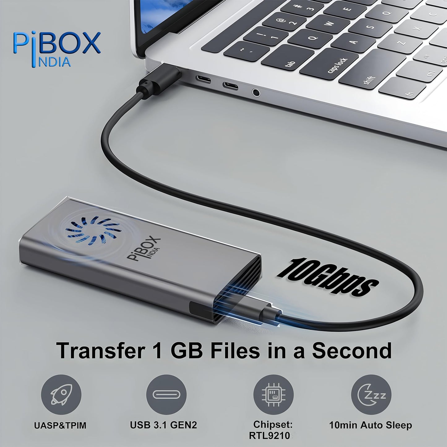 NVME M2 Enclosure Fan, PiBOX India NVMe SSD Enclosure - USB 3.2 10Gbps, Tool-Free M.2 NVMe Case, PCI-E NVMe Reader, USB-C, Supports M & B&M Keys, 2230/2242/2260/2280 SSDs Powerful -RTL9210