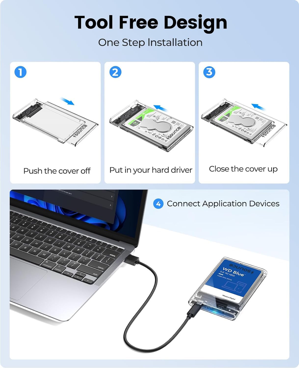 Sounce 2.5" SATA SSD Enclosure Transparent Case, SATA to USB C 3.1 Tool-Free External Hard Disk Case with Fast Transfer Speed Up to 6 Gbps & Up to 6TB Storage Capacity Compatible for 2.5 SATA SSD/HDD