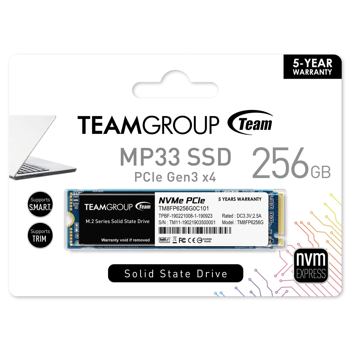 TEAMGROUP MP33 256GB Nvme M.2 2280 Pcie Gen 3 Gaming SSD, 3D NAND TLC, SLC Cache, Internal Solid State Drive, Speed Up to 1600/1000 MB/s, High Performance, Low Latency, ECC Function, for PC & Laptop
